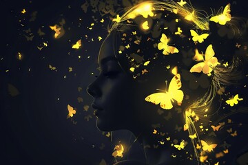 silhouette of girl with glowing butterflies spring arrival on black background symbolic digital art
