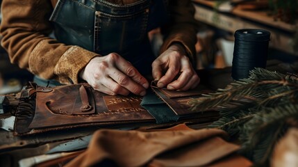 Weathered Hands Crafting a Legacy A Handmade Leather Journal in a Cozy Workspace