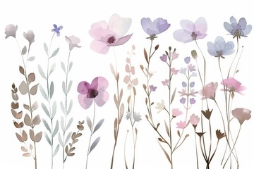 The image is a watercolor painting of a variety of flowers and plants