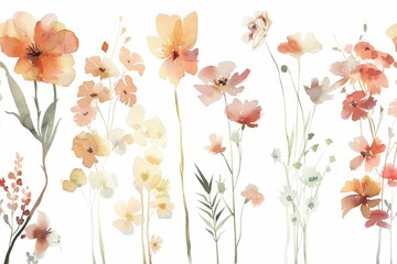The image is a watercolor painting of a variety of flowers in shades of orange, pink, and yellow