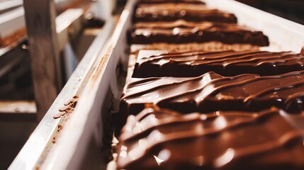 Conveyor belt with chocolate bars, close-up, detailed wrapping process, smooth chocolate texture 
