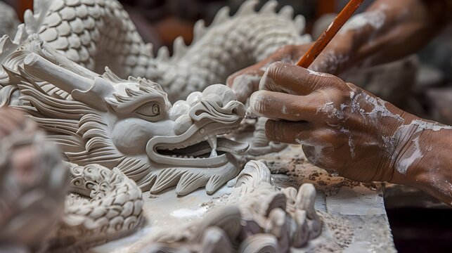 Masterful Hands Transforming Clay into Intricate Asian Dragon Statue