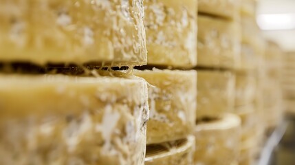 Cheese aging in a factory, close-up, detailed rind and texture 