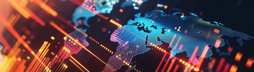 The image shows a glowing blue and purple world map made of circuit board and binary code with glowing red and yellow lines of code running through it.