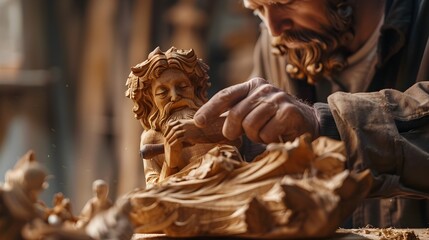 Obraz premium Artisans Devotion Intricate Wood Figurines Taking Shape Under Skilled Hands
