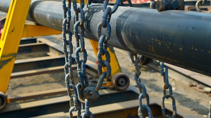 Loading of heavy steel pipes, close-up, detailed chains and lifting gear 