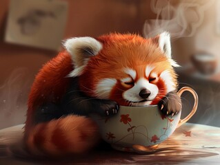 The photo shows a red panda sleeping in a cup