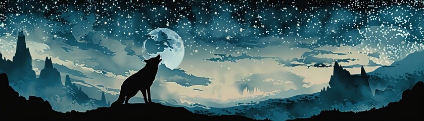 The wolf howls at the moon in the starry night.