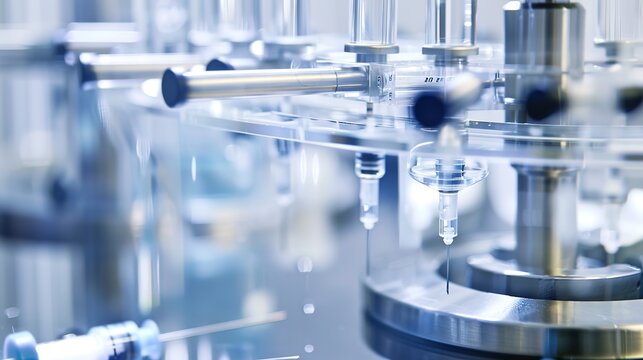 Automated syringe filling line, close-up, precise mechanical movements, sterile environment 