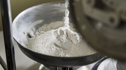 Fototapeta premium Pharmaceutical powder being weighed for batch preparation, close-up, precise scales and powder 