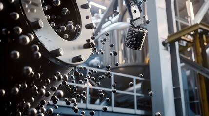 Catalyst loading into a reactor, close-up, detailed pellets and loading equipment