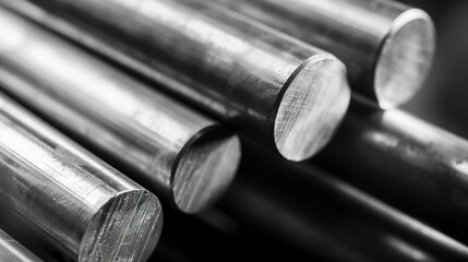 Cold drawing of steel rods, close-up, detailed alignment and smooth metal surface