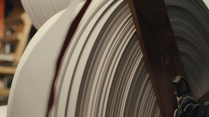 Paper being wound onto large reels, close-up, detailed layers and rolling action 