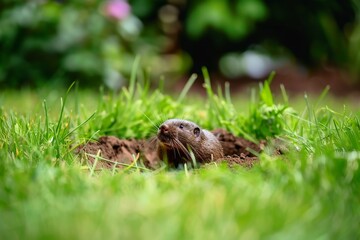 A vole is digging a new hill in the green lawn.