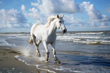 Obraz premium A white horse running at a beach in the sunlight.