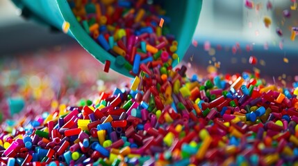 Close-up of plastic pellets being fed into an extruder, detailed flow and vibrant colors