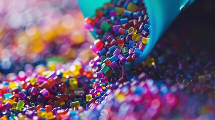 Close-up of plastic pellets being fed into an extruder, detailed flow and vibrant colors 