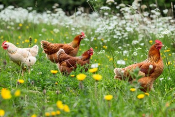 Fototapeta premium Free range chickens mainly in brown color in a gren meadow.