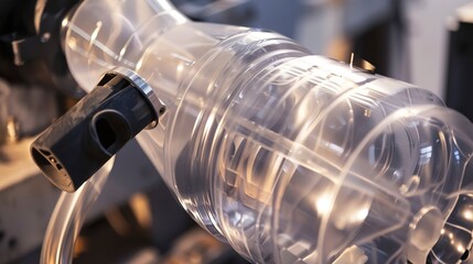 Blow molding machine inflating a plastic bottle, close-up, detailed expansion and mold fitting 