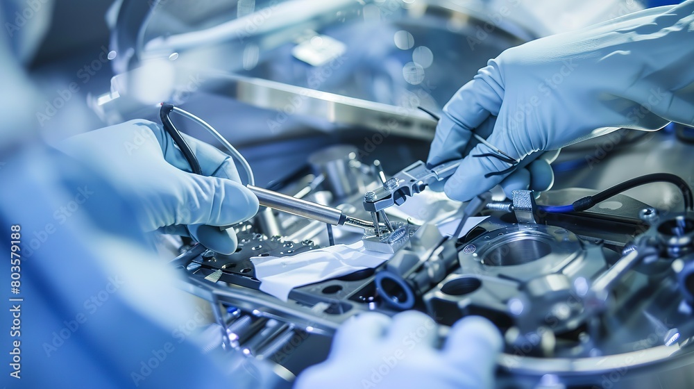 Poster Precision assembly of satellite components in a clean room, close-up, detailed instruments and gloves 