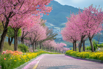 Imagine a winding path meandering through a lush, vibrant park in the heart of spring The scenery is a harmonious blend of vivid greenery and the golden hues of autumn leaves Tall trees stand sentinel