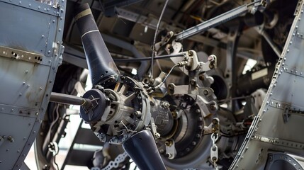 Helicopter rotor assembly, close-up, detailed gears and linkage under inspection 
