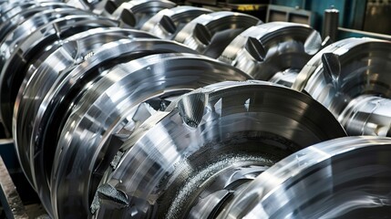 Hydro turbine parts in production, close-up, detailed machining of metal components 