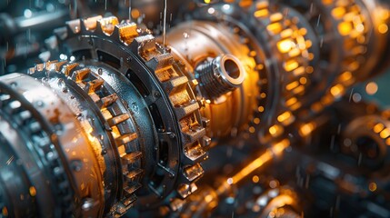 Engine gear wheels. Industrial machine, engine. Close-up macro. 3D illustration