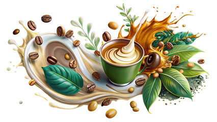 coffee beans skices and juice splash in the background, illustration, without background, transparent