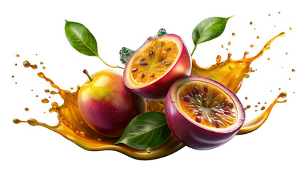 passion fruit skices and juice splash in the background, illustration, without background,...