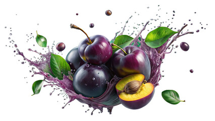 plum skices and juice splash in the background, illustration, without background, transparent