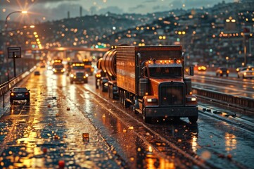 Obraz premium Truck on the road with rain drops