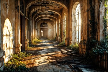 Sunlight through the window in an old abandoned building with trees and plants