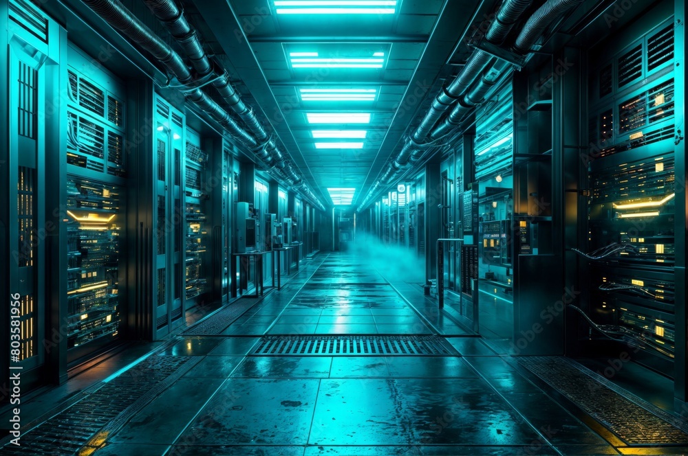 Poster server room data center with rows of server racks.