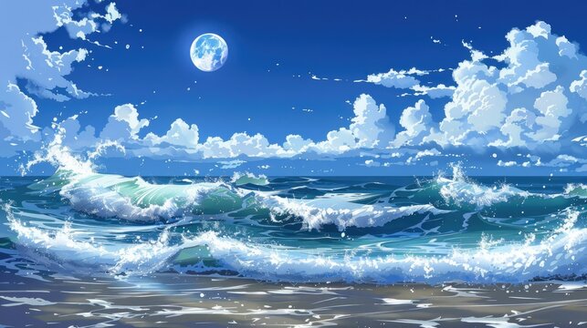 Anime waves crash on the ocean under a moonlit sky, creating a mesmerizing scene. Ai Generated.