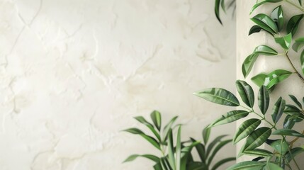 White wall with a green plant, copy space