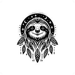 Sloth silhouette in bohemian, boho, nature illustration