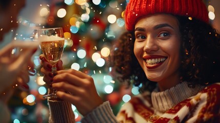 Capturing festive holiday events. Girl in red hat with glass champagne