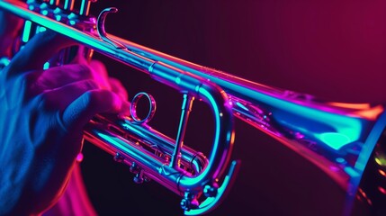Fototapeta premium Shiny Jazz Trumpet With Blue And Pink Neon Lights While Musician Plays Brass Instrument Creating Vivid Concert Atmosphere