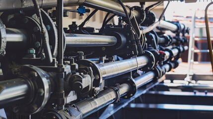 Obraz premium Close-up of hydraulic systems being installed in a ship, detailed pipes and fittings 