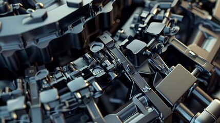 Obraz premium Ship engine assembly, close-up, detailed components being bolted together 