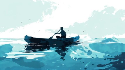 Illustration of man paddling on a canoe lost in the sea, abstract solitude concept. Illustration
