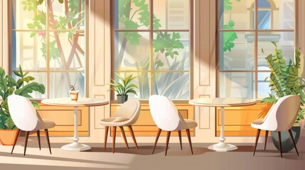 Stylish cafe interior with chairs and sofa in row near panoramic window. Illustration