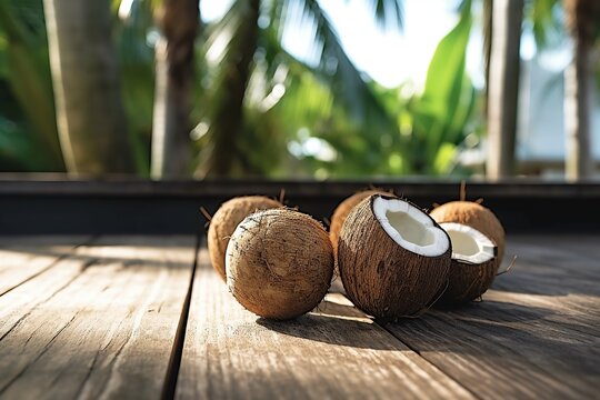 A photo of young coconuts an wooden table with a tiki beach bar blurred background Generative AI