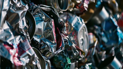 Compacting recycled metal cans, close-up, detailed crusher action, shiny surfaces 