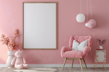 mock up poster frame in baby girl room, Scandinavian style interior background
