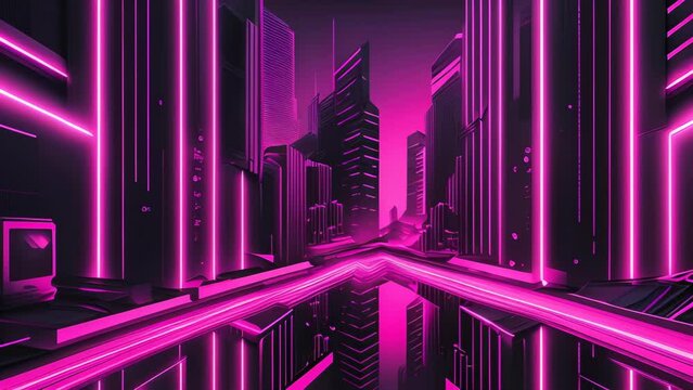 Sleek, angular skyscrapers rise into a dark void, illuminated by vibrant neon pink light. The stark, geometric forms create a sense of depth and scale, evoking a vast, futuristic cityscape. 