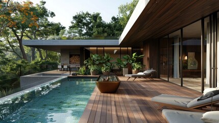 Serenity at modern poolside with wooden deck and walls