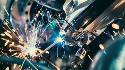 Robotic welding in action, close-up, bright sparks and meticulous joint work 