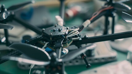 Close-up of a drone being assembled, detailed propellers and electronic boards 